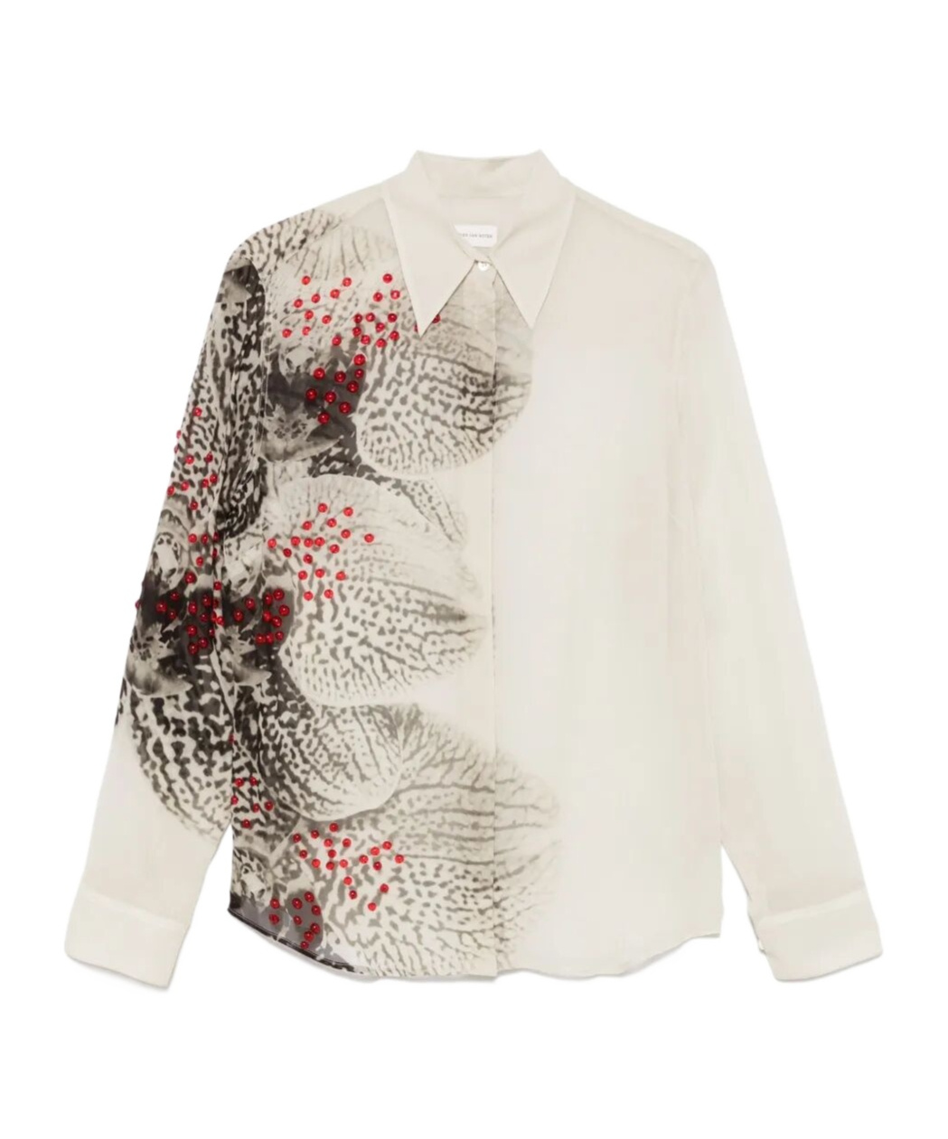 Dries Van Noten Abstract Print Beaded Collared Sheer Shirt