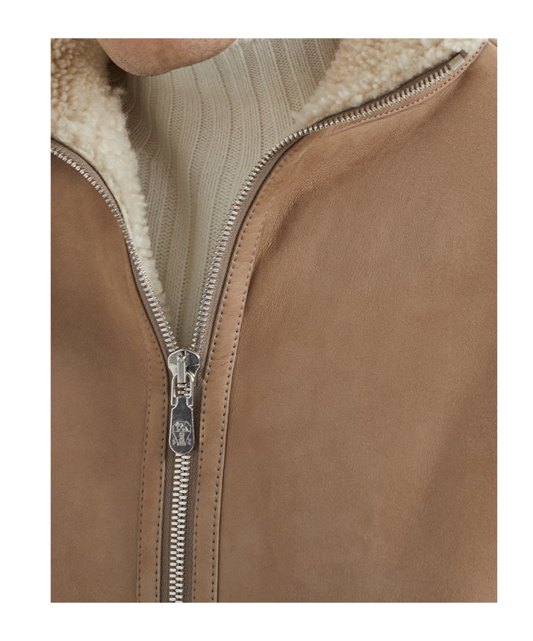 Brunello Cucinelli Bomber Jacket With Shearling Collar And Ribbed Finish In Brown