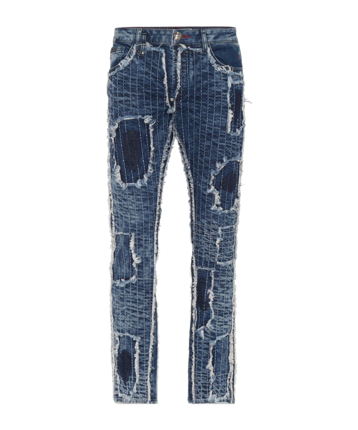 Philipp Plein Patchwork Topstitching Denim Jeans In Blue