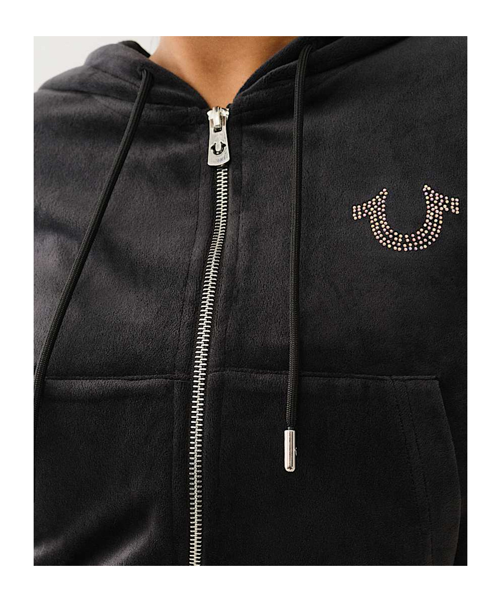 TRUE RELIGION VELOUR CRYSTAL SHRUNKEN ZIP HOODIE