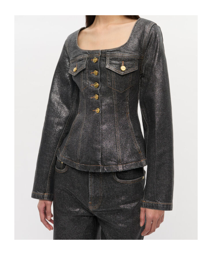 Ganni Peplum Waist Denim Cotton Blazer Jacket In Black