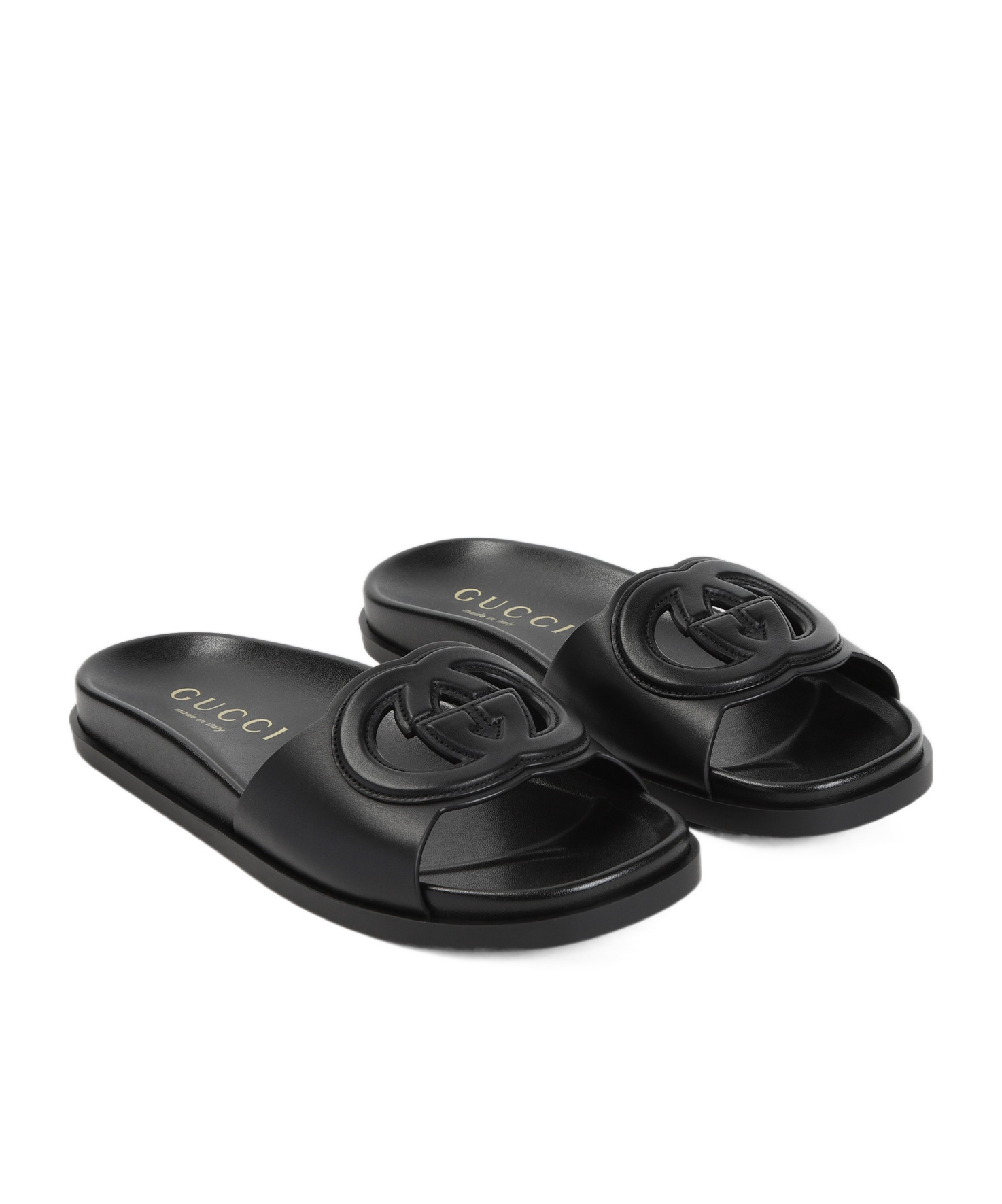 Gucci G Cut Leather Flat Sandals In Black