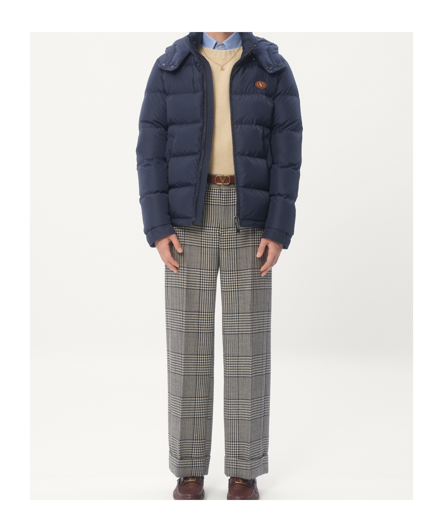 Valentino Nylon Hooded Down Jacket With Vlogo Patch In Blue