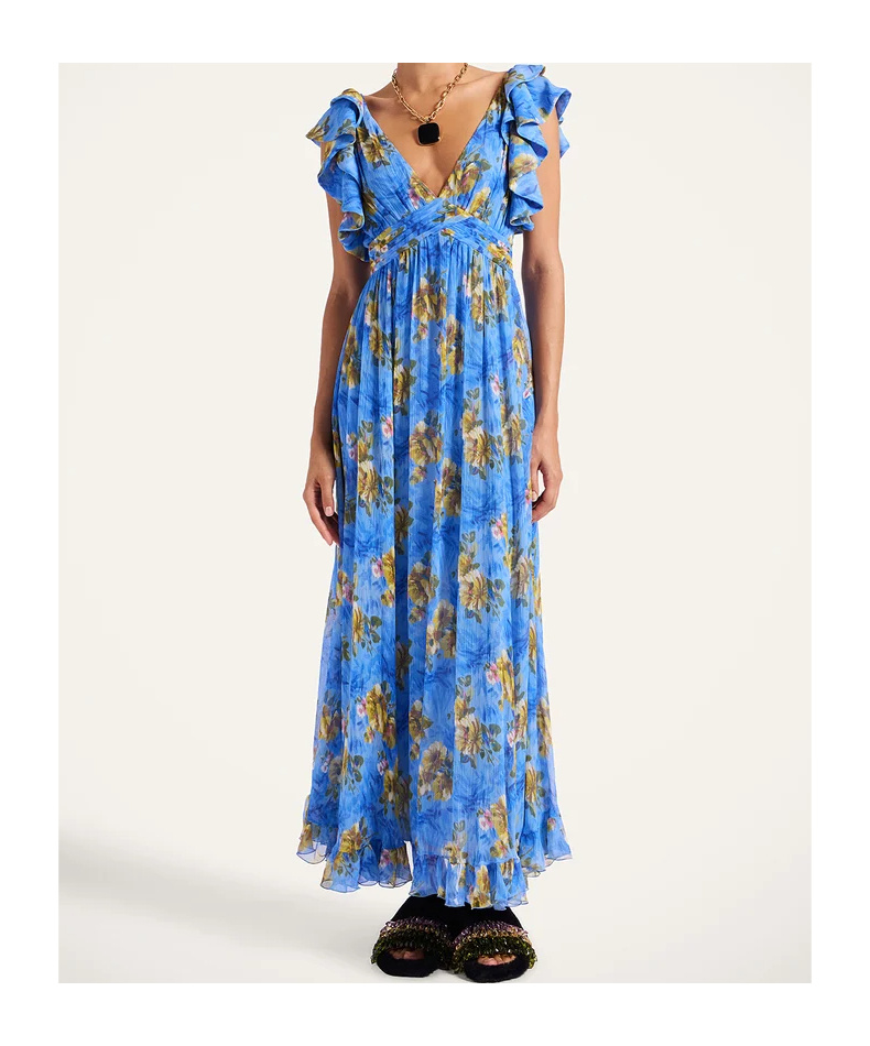 La Doublej Ruffled-details Floral-print Maxi Dress In Blue