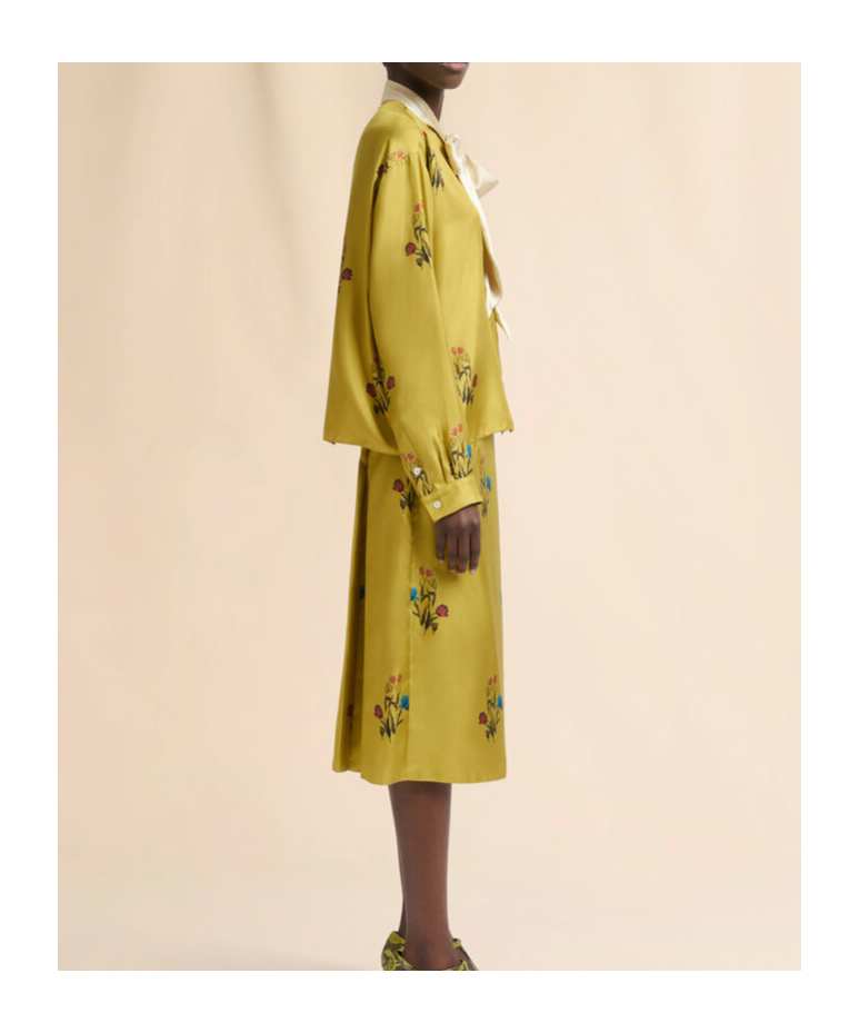 Marni Yellow Silk Twill Shirt With Tulip Print In Gold