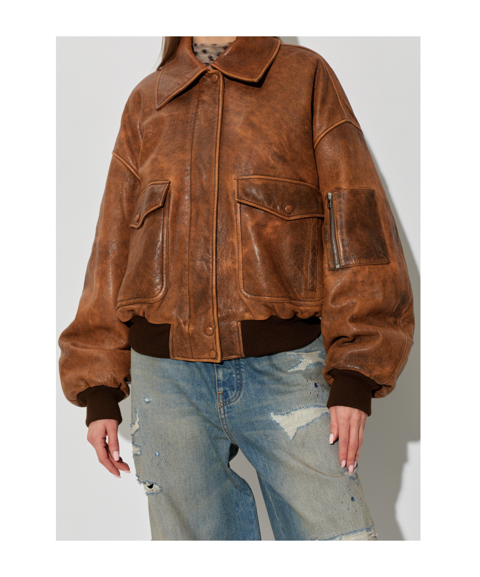Amiri Tan Faded Leather Bomber Jacket In Brown