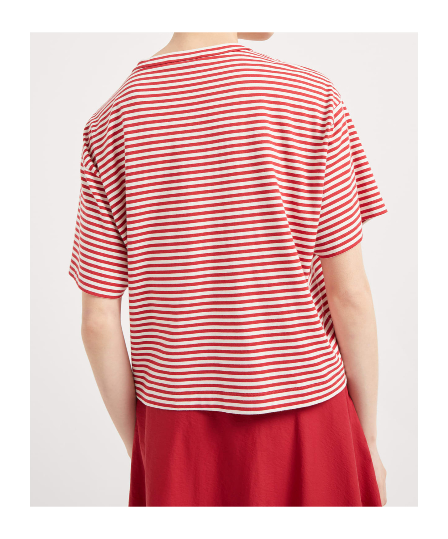 Brunello Cucinelli Red Crewneck T-shirt With All-over Striped Motif And Jewel Detail On The Front In In Red