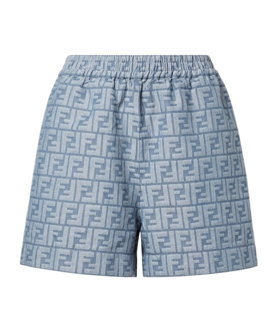 Fendi Embroidered Chambray Shorts With All-over Pattern In Blue