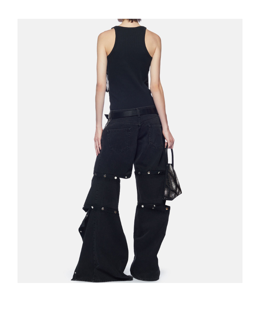Attico Black Cotton Denim Pants With Logoed Snap Buttons For Women In Black