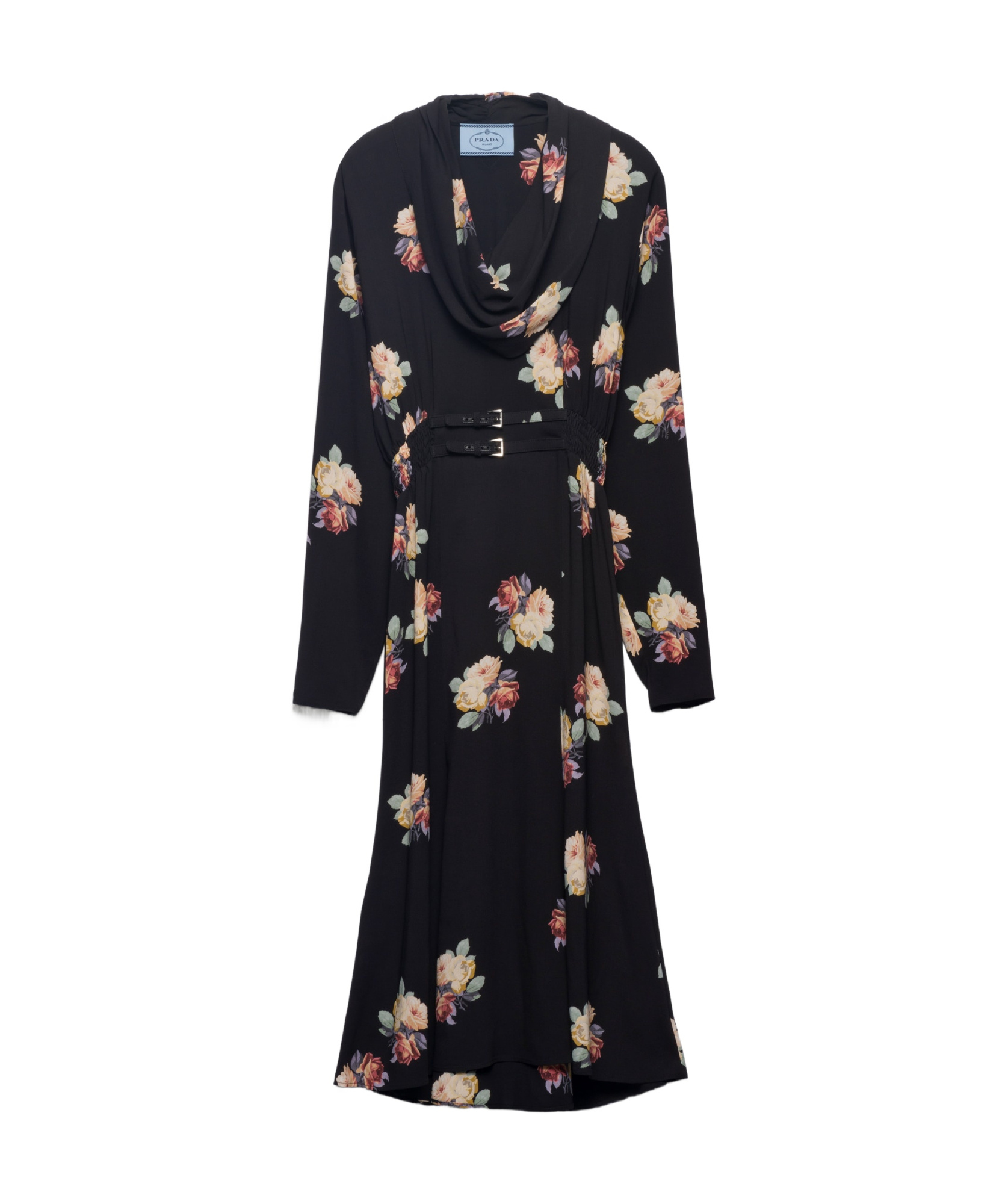 Prada Floral Cowl-neck Leather Belted Midi Dress In Black