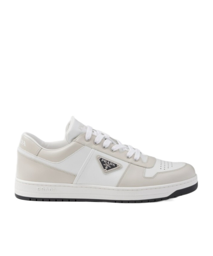 Prada Downtown Logo-plaque Perforated Leather Low-top Trainers In White