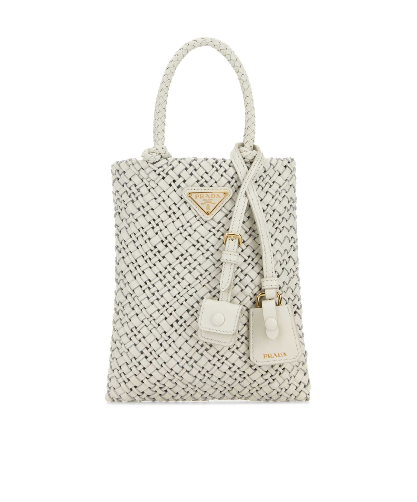 Prada Braided Leather Shoulder Bag Detachable Tag In White