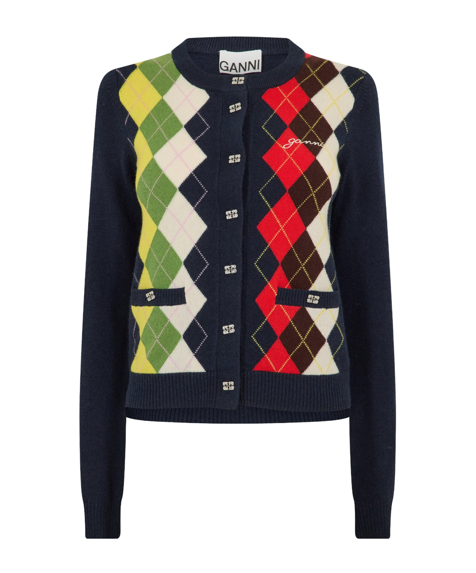 Ganni Argyle Knit Cardigan In Black