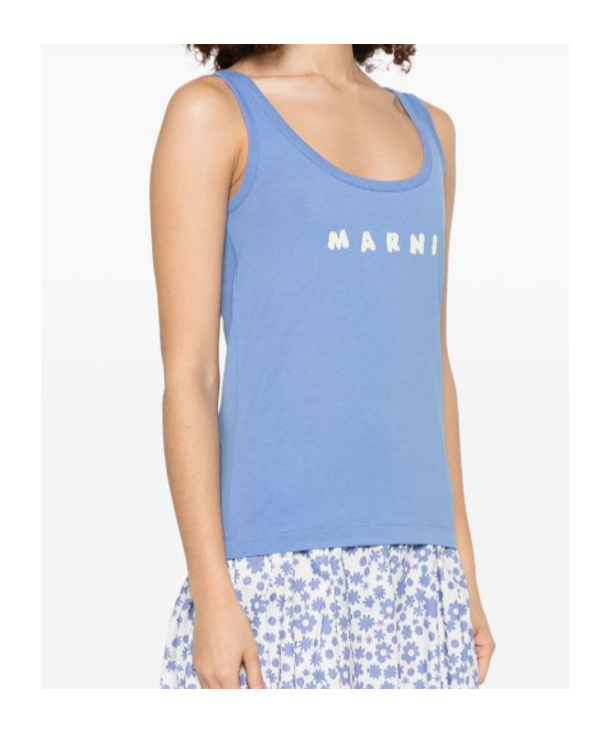Marni Contemporary Blue Cotton Tank Top With Brushstroke Logo In Blue