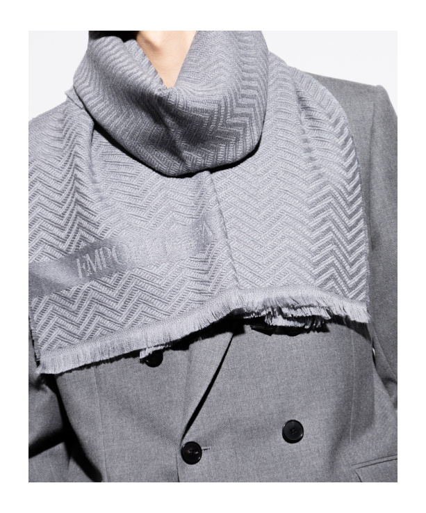 Emporio Armani Herringbone Wool Scarf In Gray