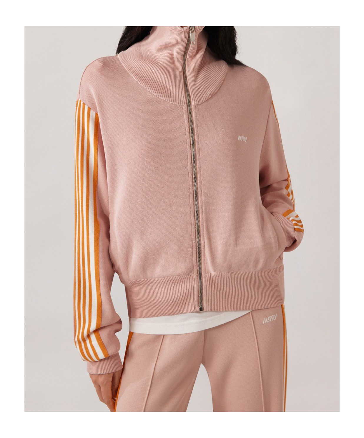 Autry Viscose Blend Jacket With Embroidered Logo And Contrasting Stripes In Pink