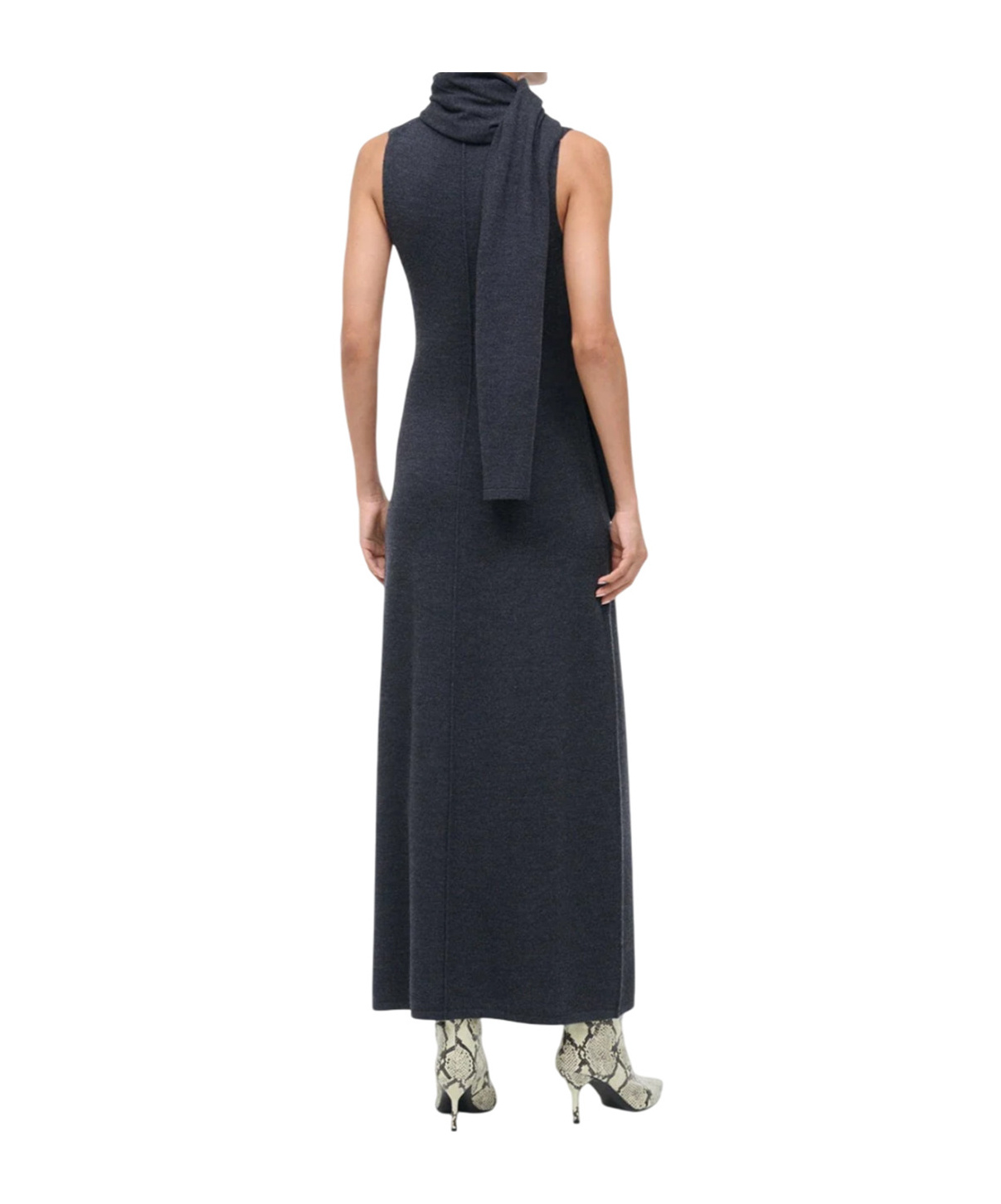 Staud Fitted Midi Dress Scarf Detail In Gray