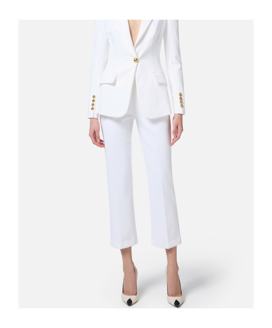Elisabetta Franchi Cropped White Suit With Classic Blazer And Jewel Button In White