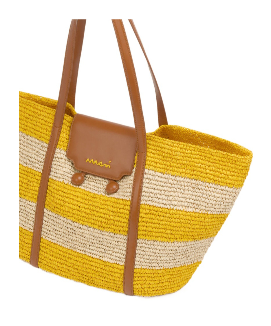 Shop Marni Medium Yellow Stripe Raffia-effect Trunkaroo Beach Bag In Natural/dark Lemon