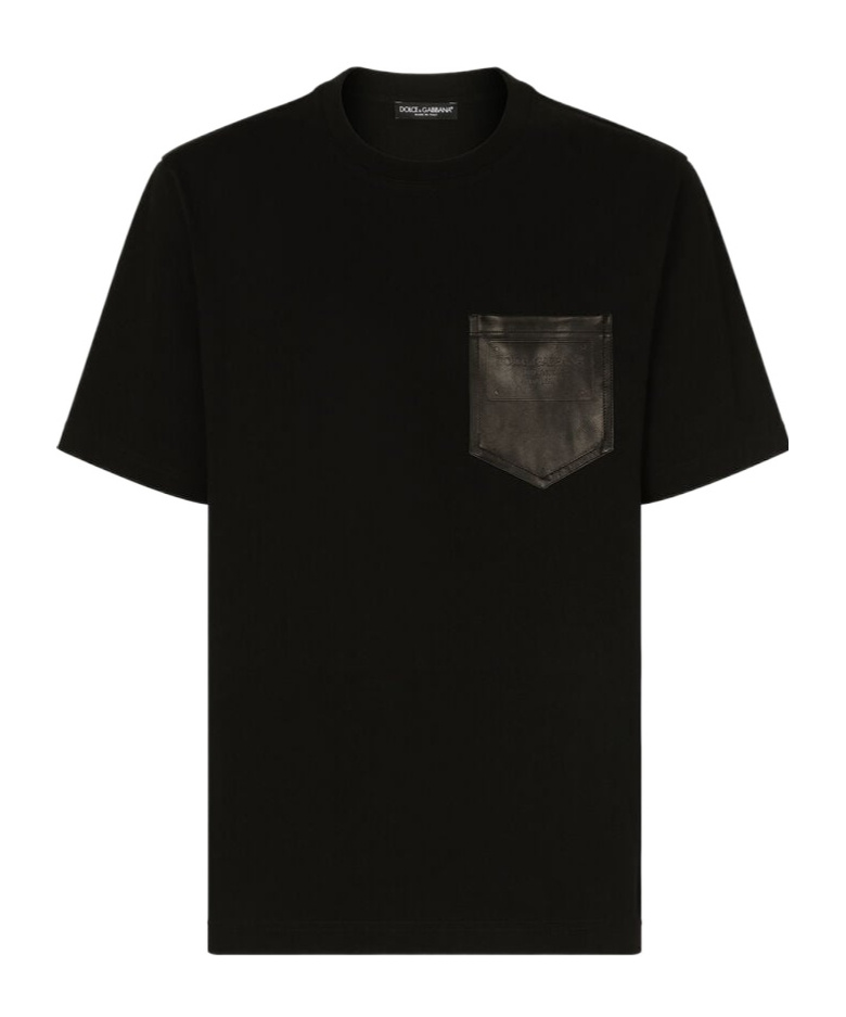 Dolce & Gabbana Cotton T-shirt With Leather Breast Pocket And Logo In Black