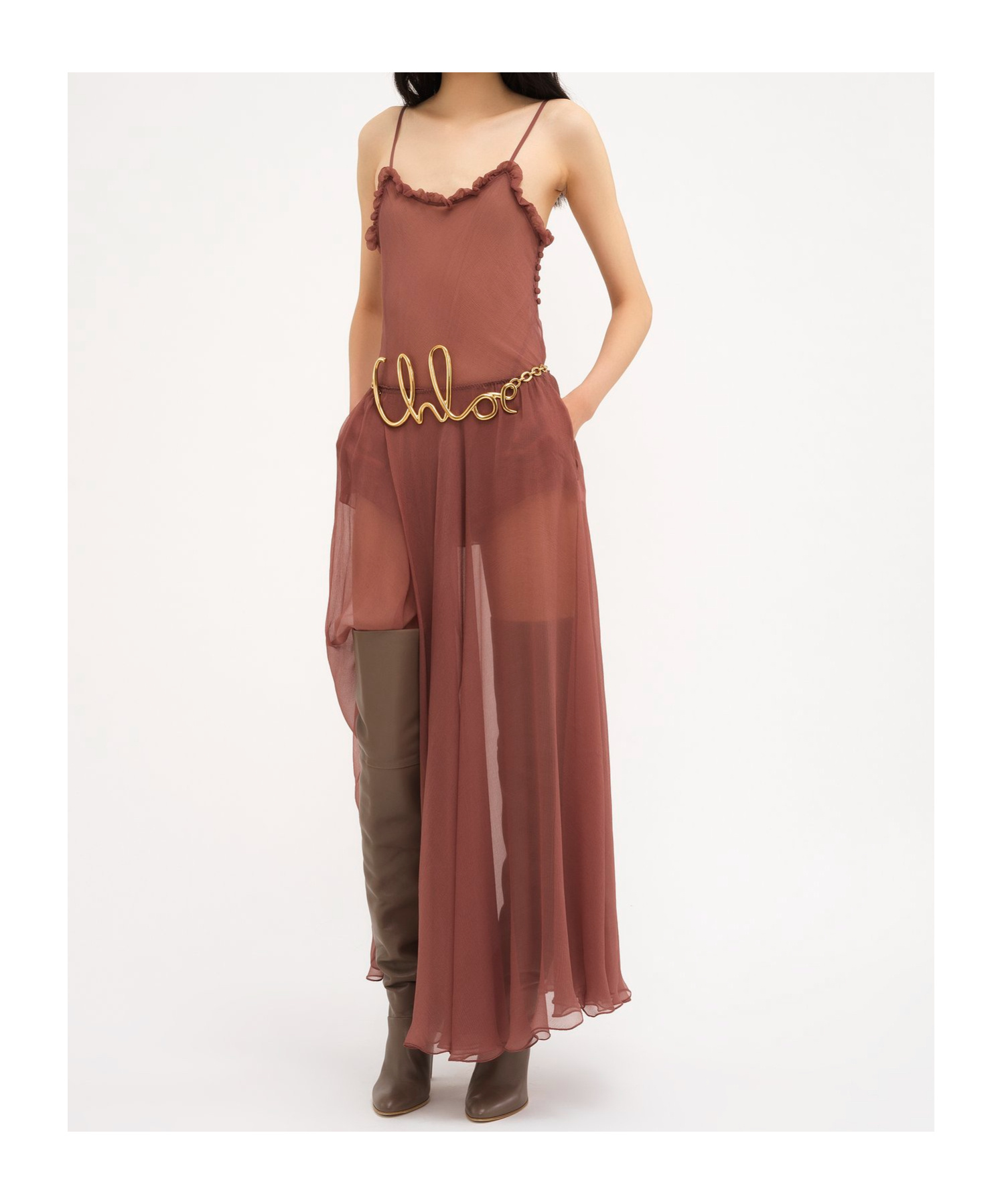 Chloé Lingerie Tulle Ruffle-trim Silk Camisole In Brown
