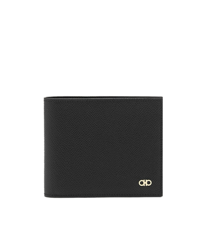 Ferragamo Gancini Bi-fold Wallet In Grained Leather In Black