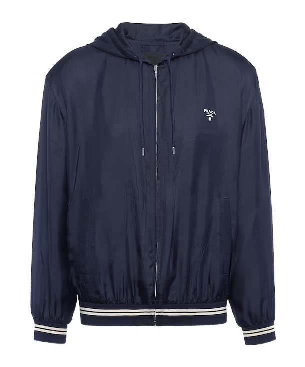 Prada Logo-print Silk Hooded Jacket In Blue