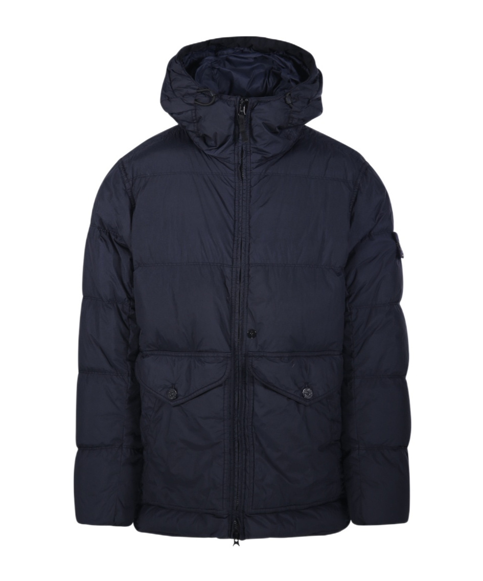 Stone Island Blue Down Jacket With Drawstring Hood And Logo Patch On The Sleeve In Tech Fabric Man In Blue