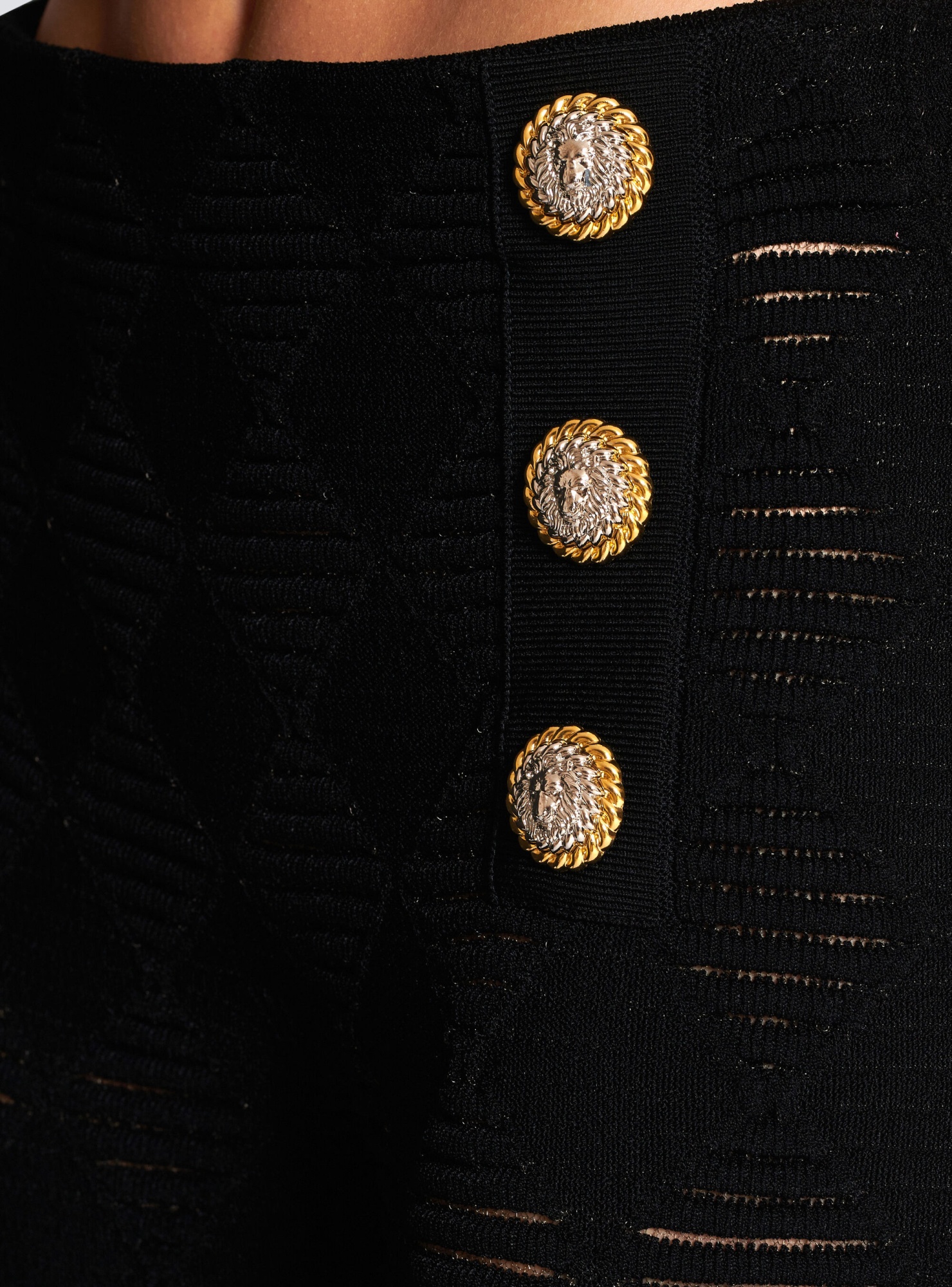 Balmain Embossed-button Open-knit Leggings In Black