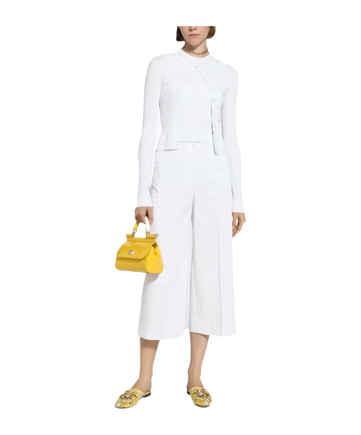 Dolce & Gabbana Ribbed Viscose Cardigan With Metal Dg Logo Pin In White