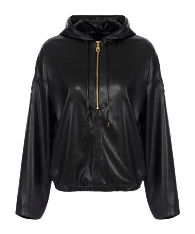 Elisabetta Franchi Sweatshirt With Nappa Leather Texture And Hood In Black