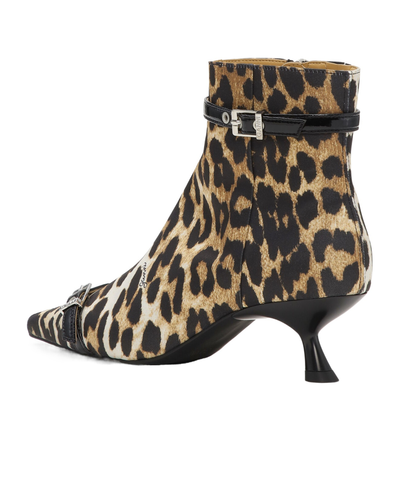 Shop Ganni Leopard Satin Eyelets Kitten Heel Boots In Black