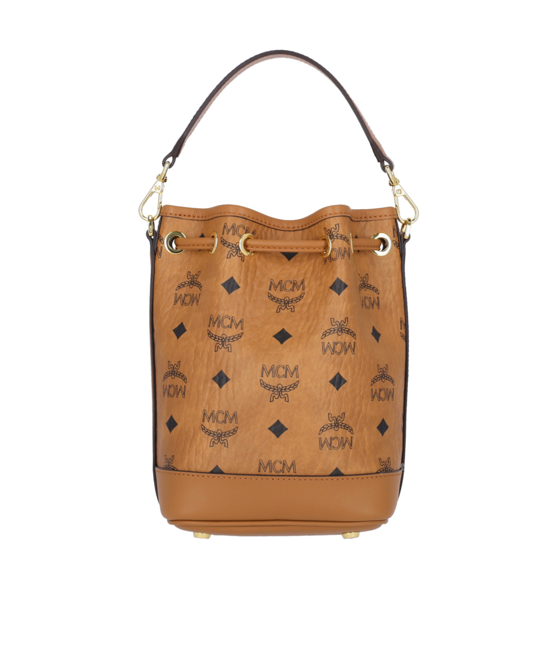 Mcm Monogram Printed Drawstring Top Handle Bag In Brown