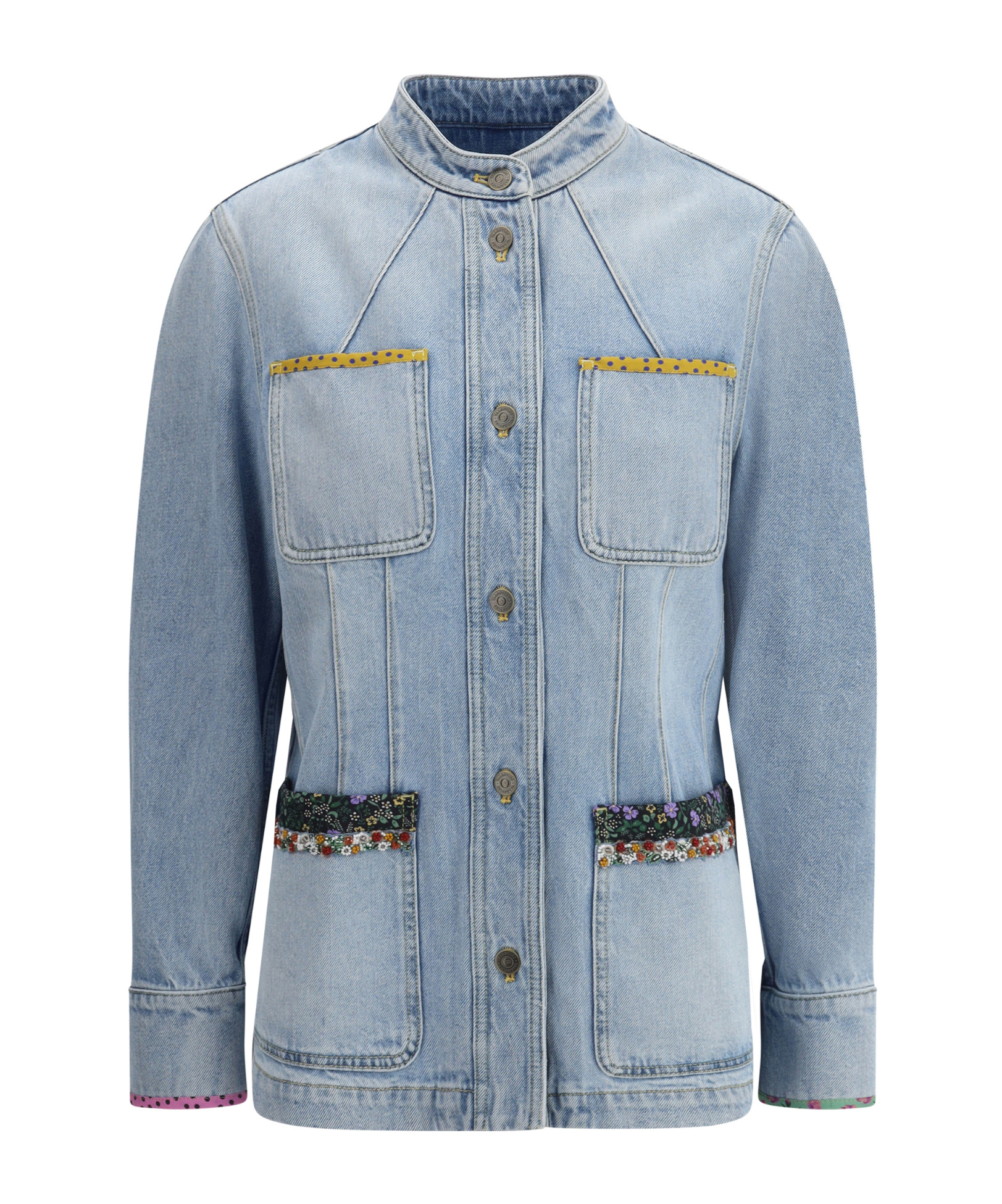 Valentino Embellished Printed Chiffon-trimmed Denim Jacket In Blue