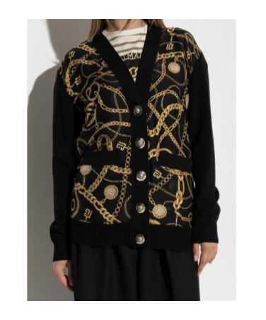 Balmain Chain Print Silk And Wool Cardigan In Black