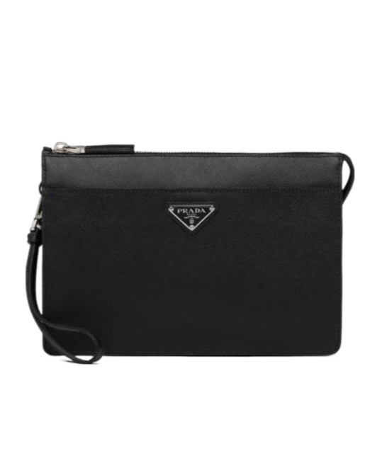 Prada Mens Black Logo-plaque Saffiano-leather Pouch In Black