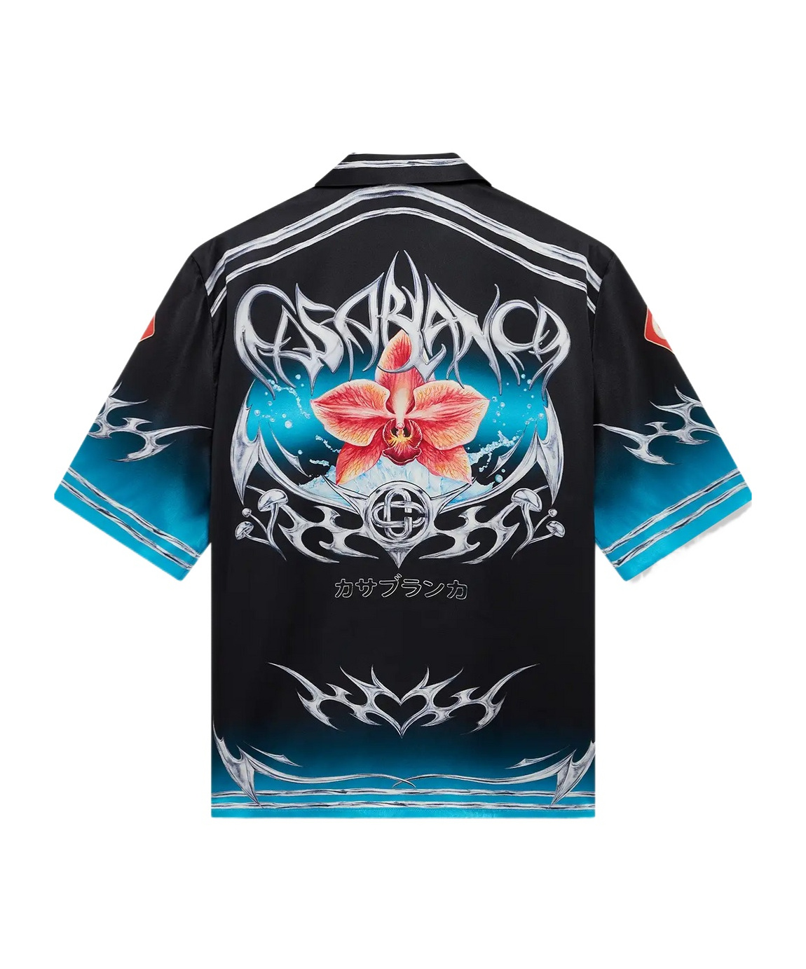 Casablanca Blades Orchid-print Cuban-collar Shirt In Black