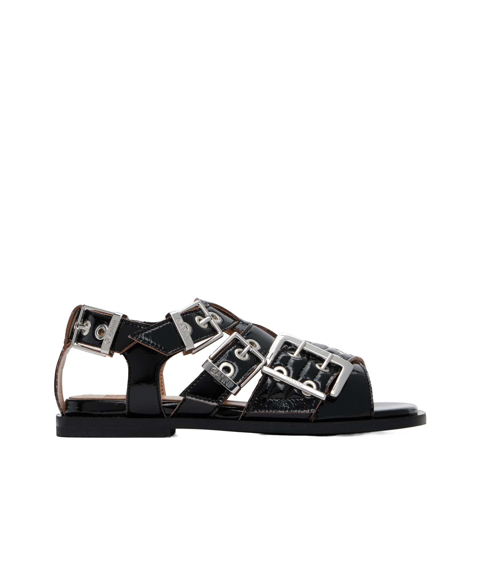Ganni Buckle Sandals With Flat Sole And Metal Eyelets In Black