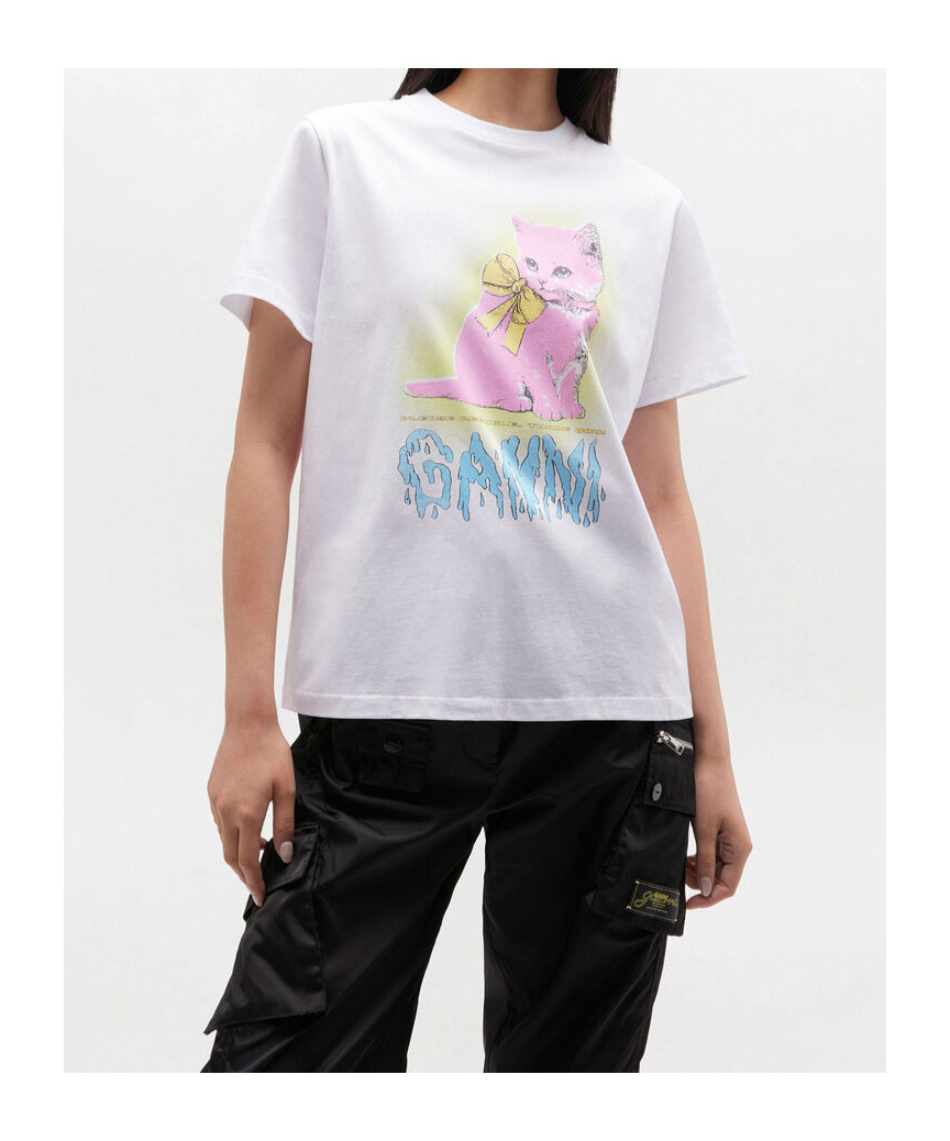Ganni Organic Cotton T-shirt Featuring Kitty Graphic In White