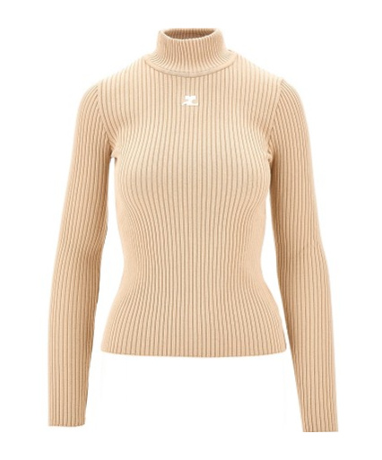 Courrèges Ribbed Turtleneck Top With Embroidered Logo In Nude