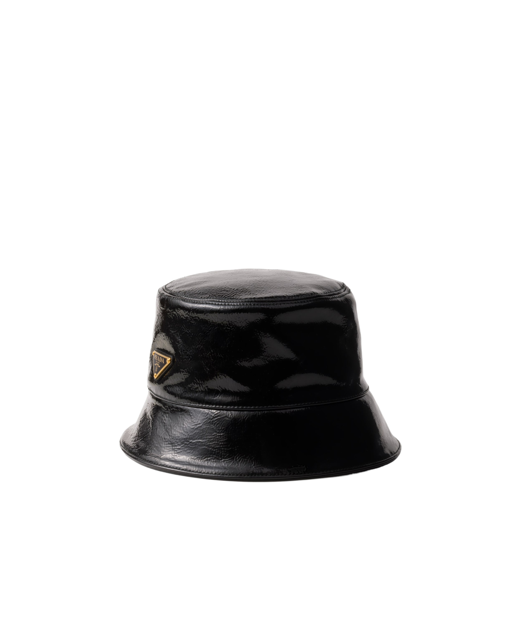 Prada Triangle-logo Patent-leather Bucket Hat In Black