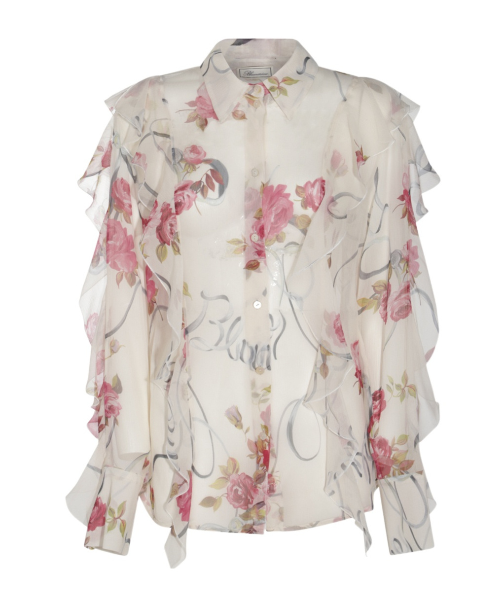 Blumarine Women Floral Silk Chiffon Shirt In Nude