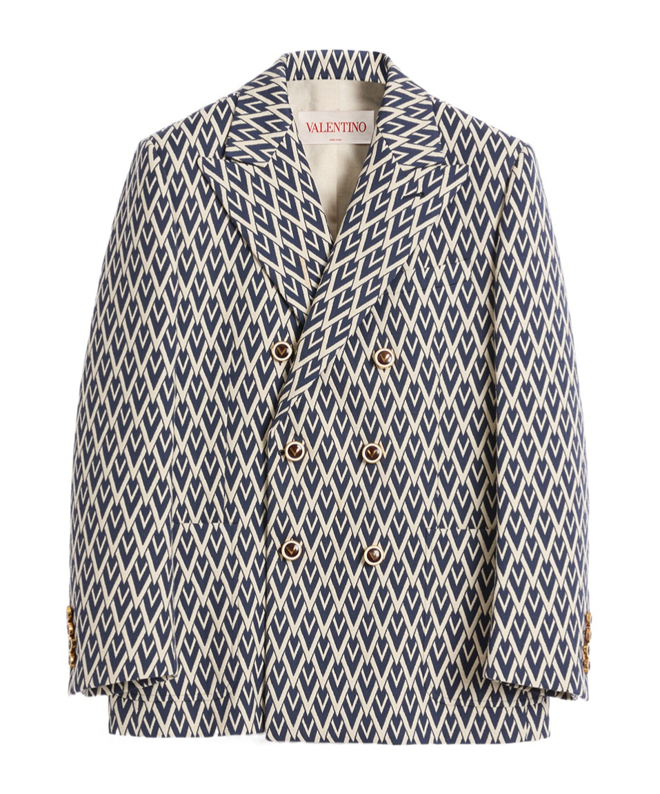 Valentino Double-breasted Wool Jacket With Toute La V Jacquard Pattern In Dark Blue/cream