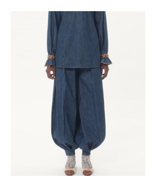 Valentino Tasseled Embroidered Chambray Tapered Pants In Blue