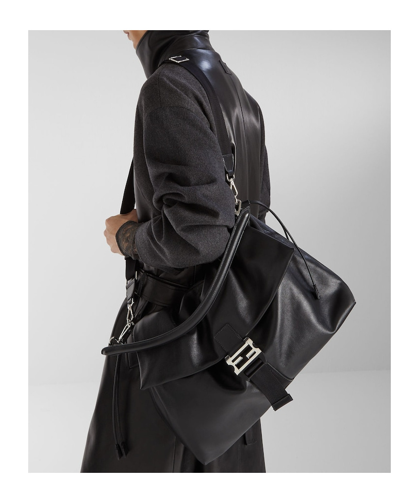 Fendi Flux Maxi Black Leather Crossbody Bag In Black