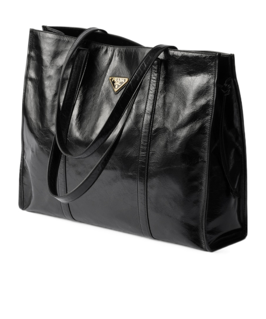 Prada Large Glossy Leather Tote Bag In Black