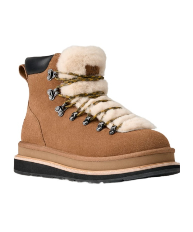 Ugg X Sacai Fur-trim Lace-up Ankle Boots In Brown