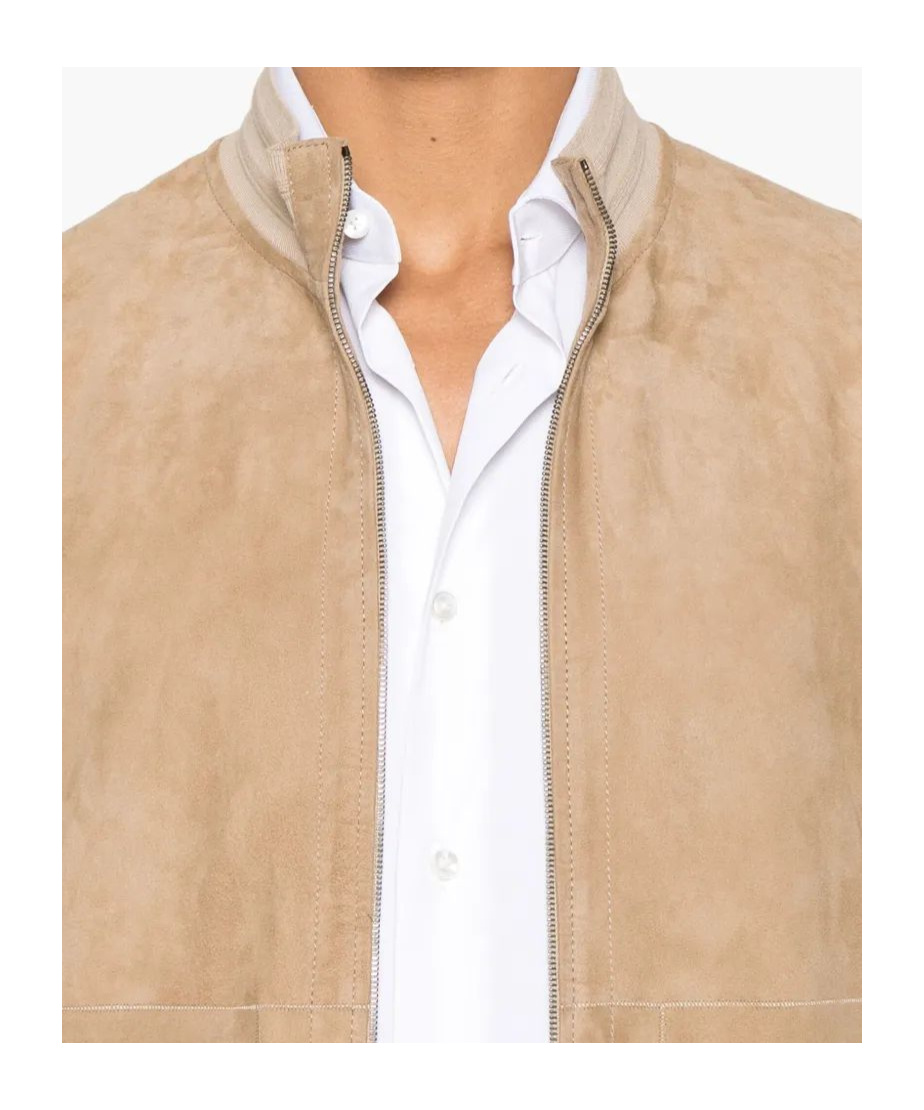 Canali Ultrasoft Suede Bomber Jacket In Nude