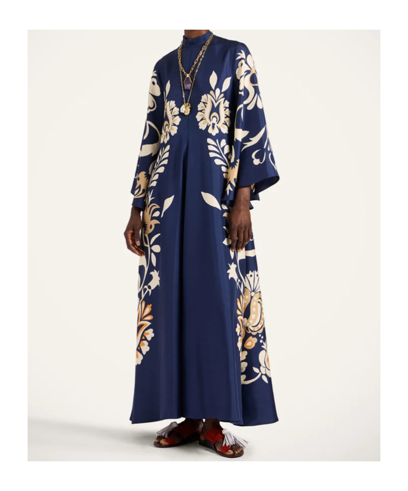 La Doublej Scarf-detailed Printed Silk-twill Maxi Dress In Blue