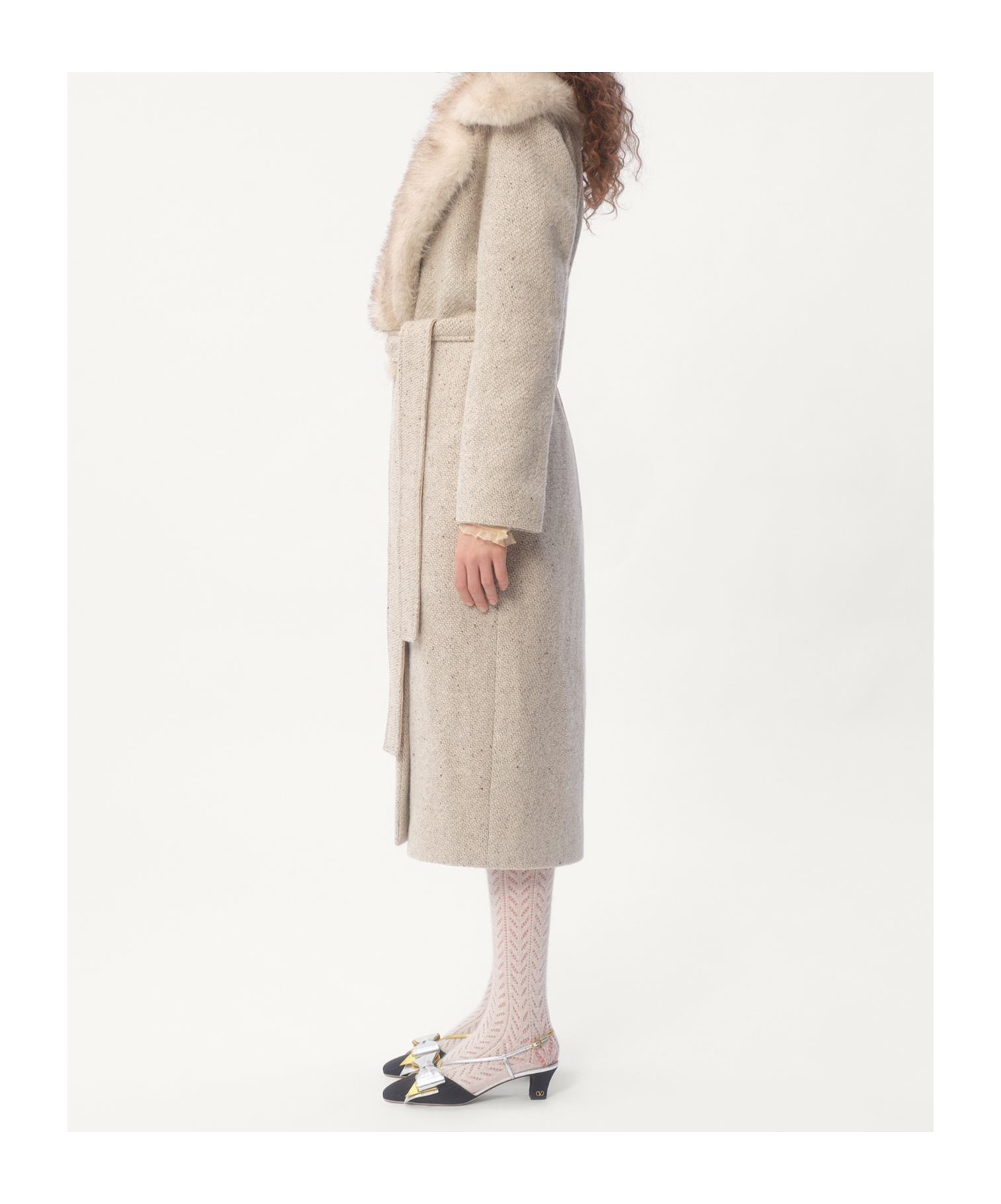 Valentino Belted Faux Fur Collar Wool Coat In Nude